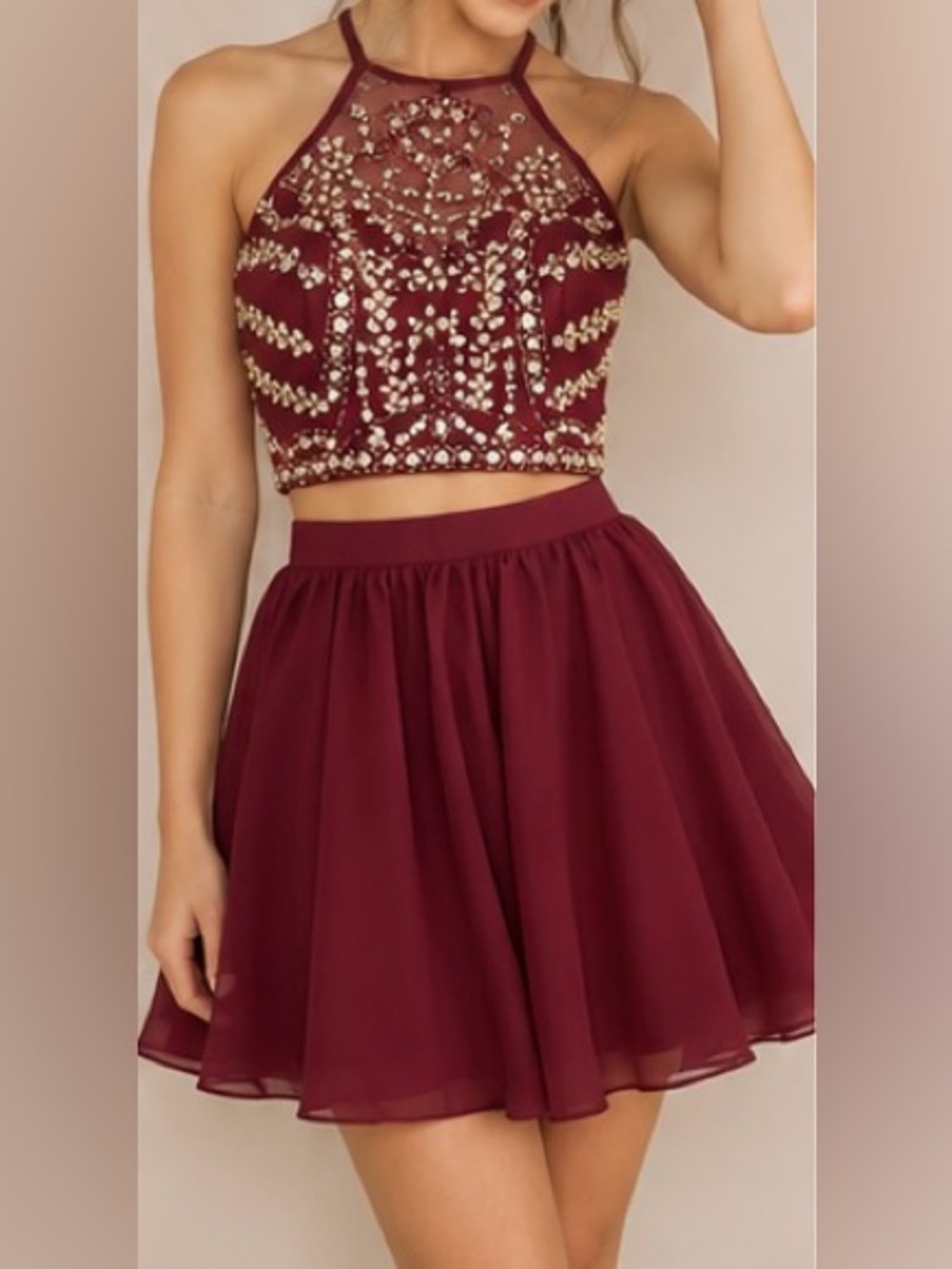 B Darlin Burgundy Beaded Two Piece Dress Size 3/4